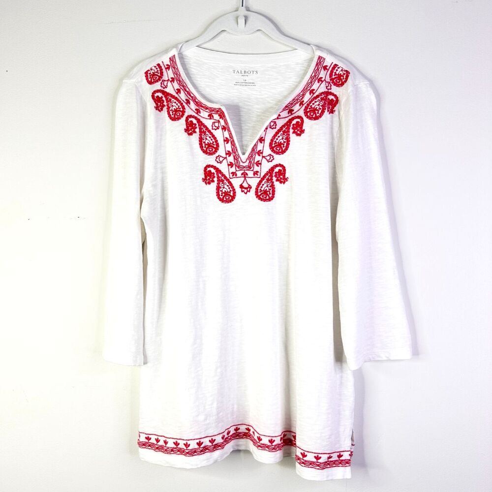 Talbots Top Women LP White Red Peasant Embroidery Tunic Cotton Cottage Bohemian